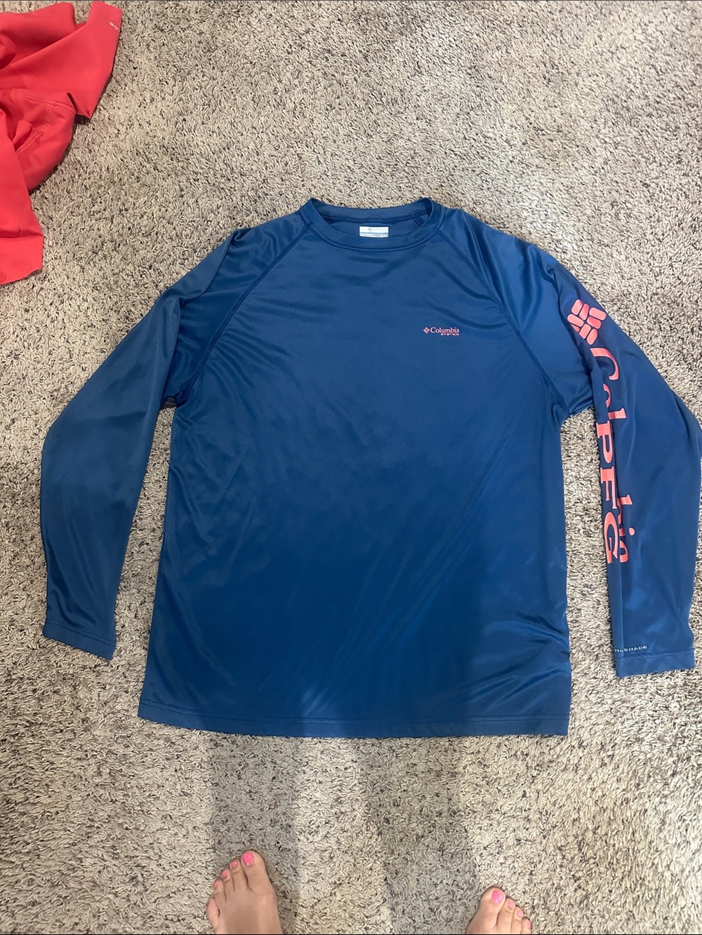 Columbia Men's Long-Sleeve blue with coral Logo Sleeve